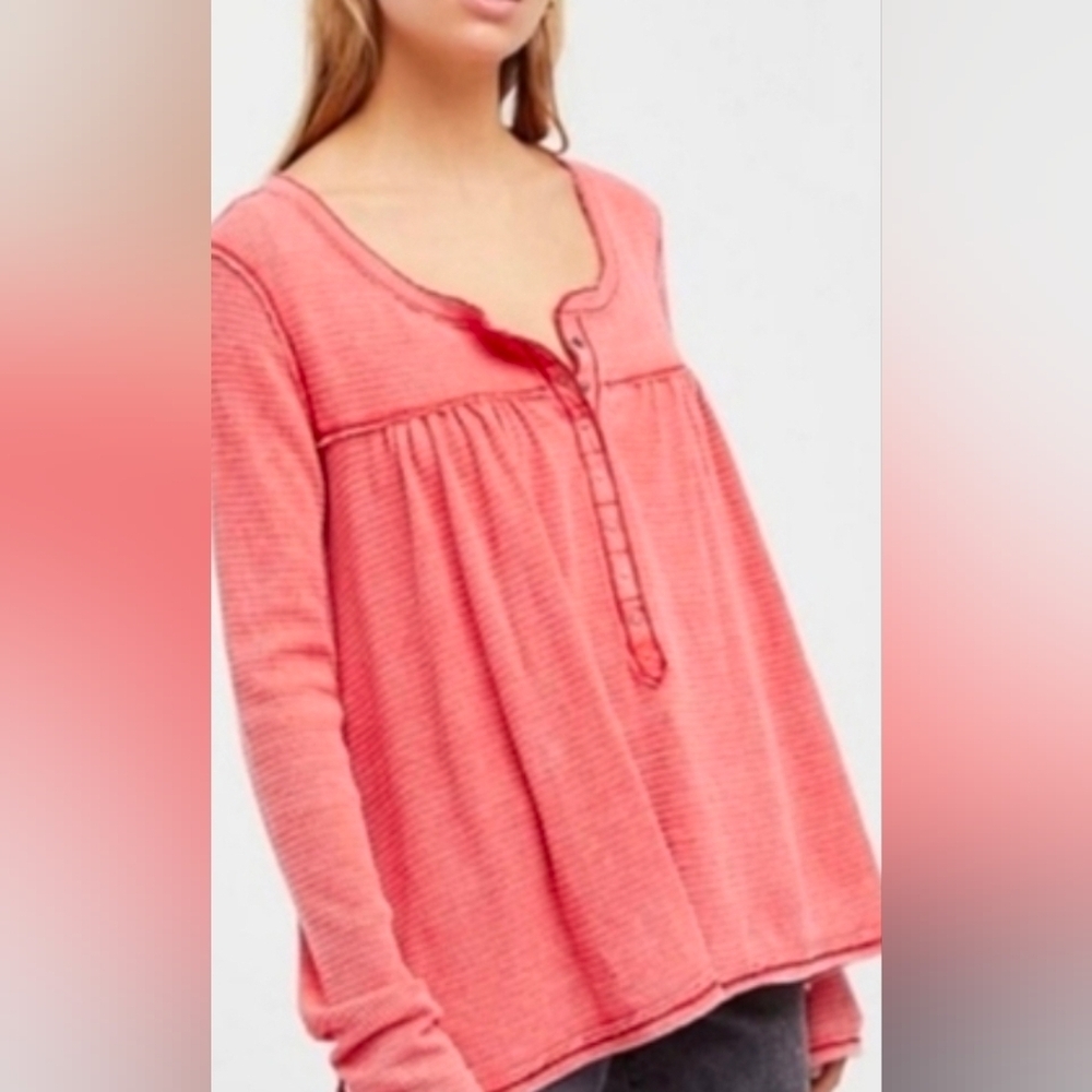 NWT  Free People We The Free Sugar Coral Pink Down Under Linen Henley Top Small